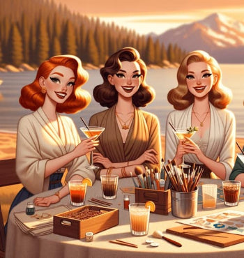 Three women enjoying mocktails at a craft table on the shore of an alpine lake 